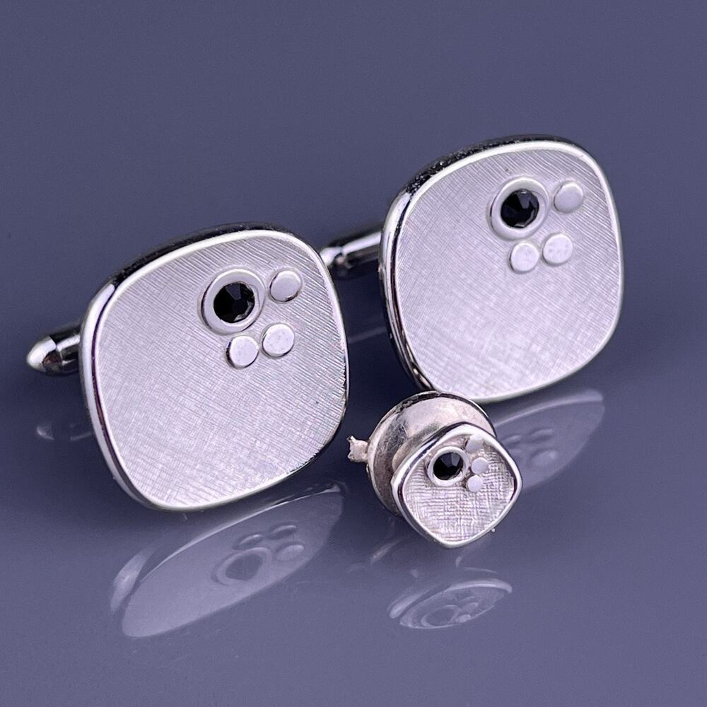 Square Black Onyx Cufflinks Tie Pin Silver Tone Modernist Dots Swank Vintage